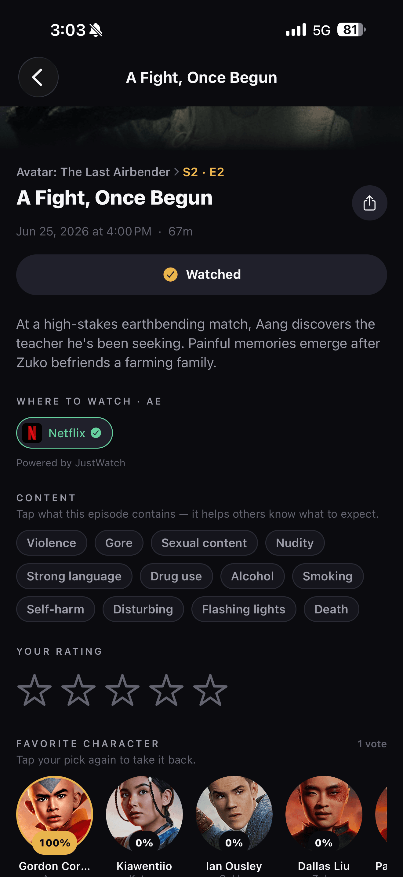 Episode detail page with content tags