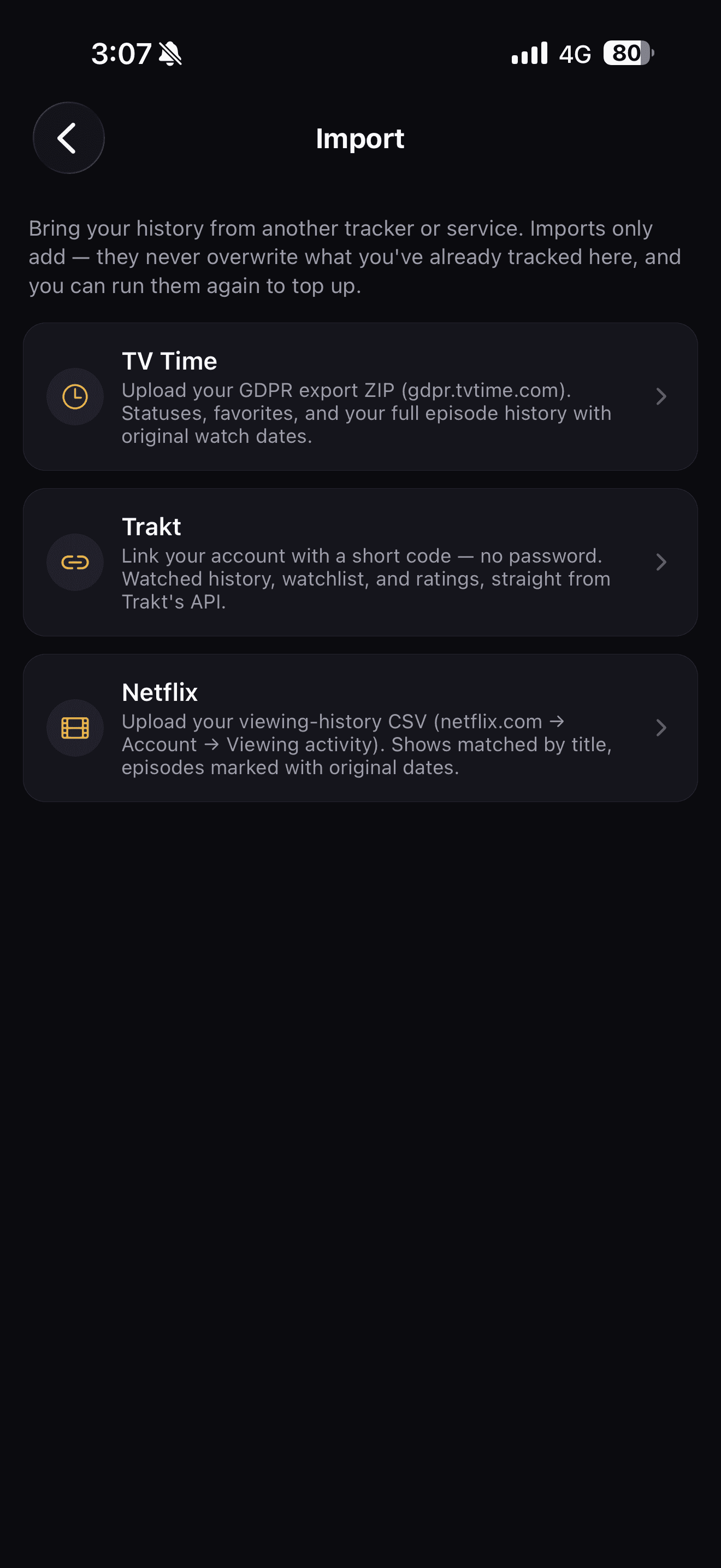 Import screen with TV Time, Trakt, and Netflix