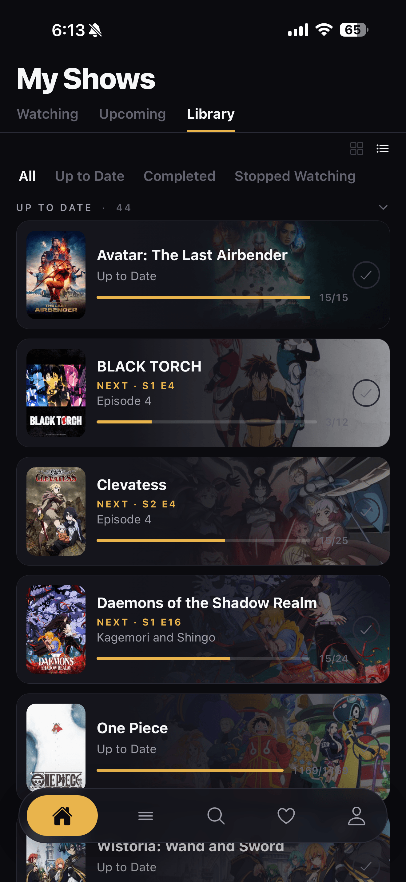 LazyWatch Library view with All, Up to Date, Completed, and Stopped Watching tag filters, showing shows sorted into Up to Date